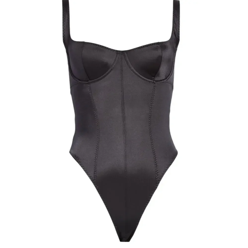 SKIMS Stretch Satin Corset Bodysuit Size 3X NWT Onyx Black Underwire Thong NEW